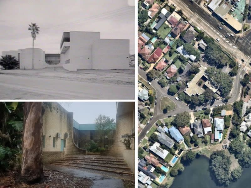 The originial building form  (top left), the current state of the building and an aerial image of the site by Nearmap.